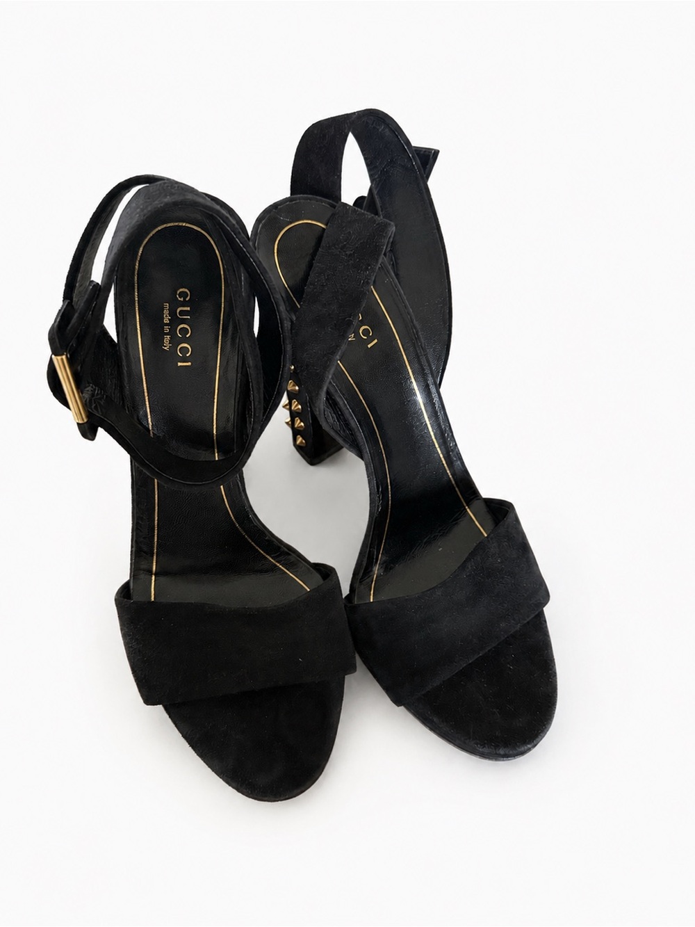 Gucci Black Suede Open-Toe Strap Heels